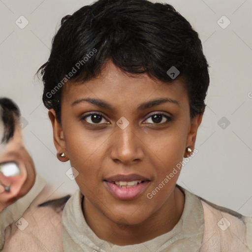 Joyful asian young-adult female with short  brown hair and brown eyes