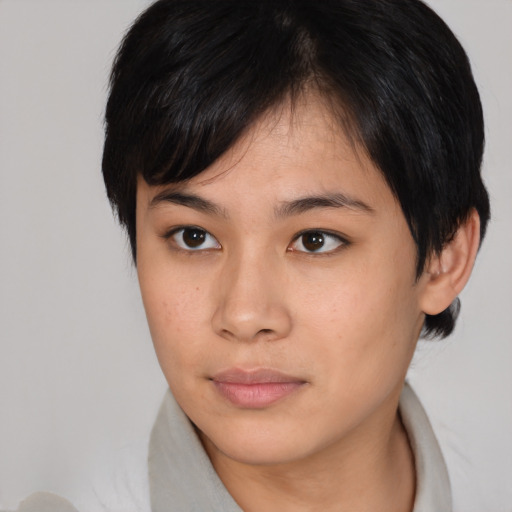 Neutral asian young-adult female with medium  brown hair and brown eyes