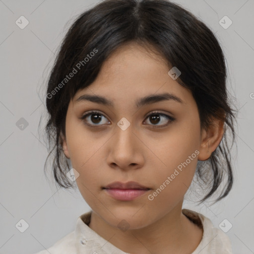 Neutral latino young-adult female with medium  brown hair and brown eyes