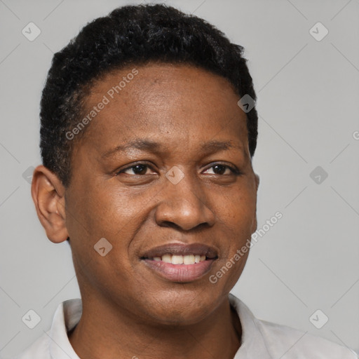 Joyful black young-adult female with short  brown hair and brown eyes