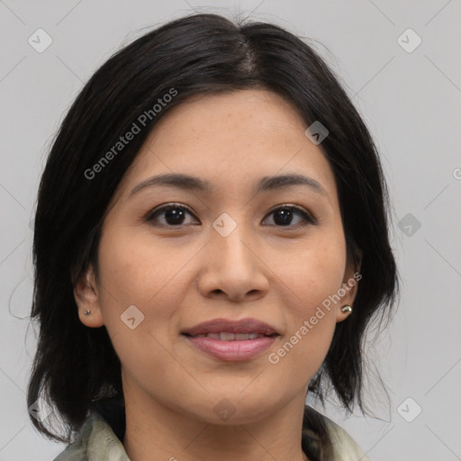 Joyful asian young-adult female with medium  black hair and brown eyes