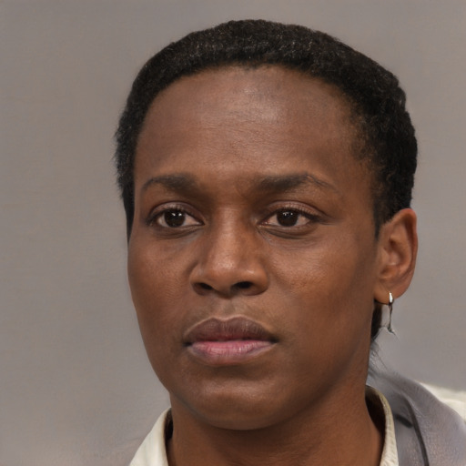 Neutral black young-adult female with short  brown hair and brown eyes