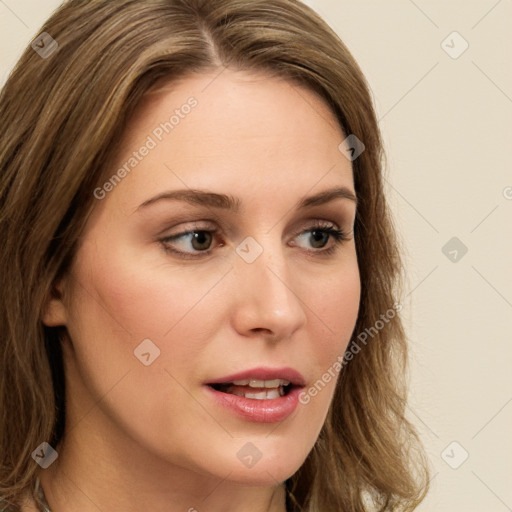 Joyful white young-adult female with long  brown hair and green eyes