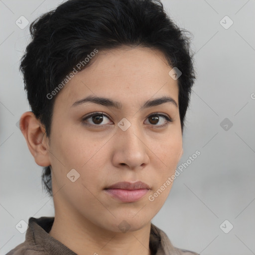 Neutral latino young-adult female with short  brown hair and brown eyes