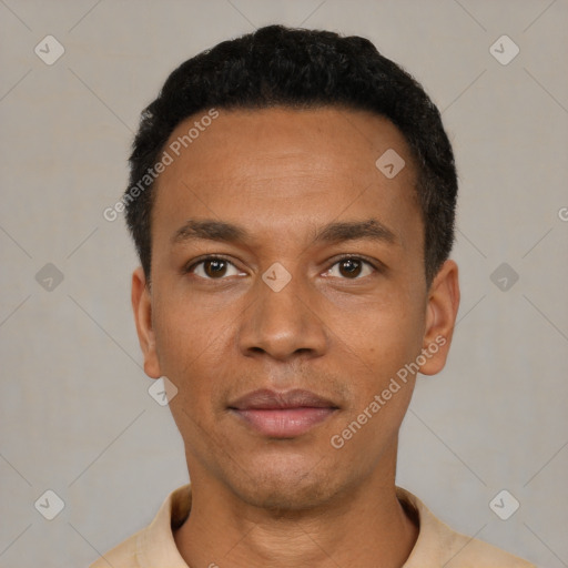 Neutral latino young-adult male with short  black hair and brown eyes