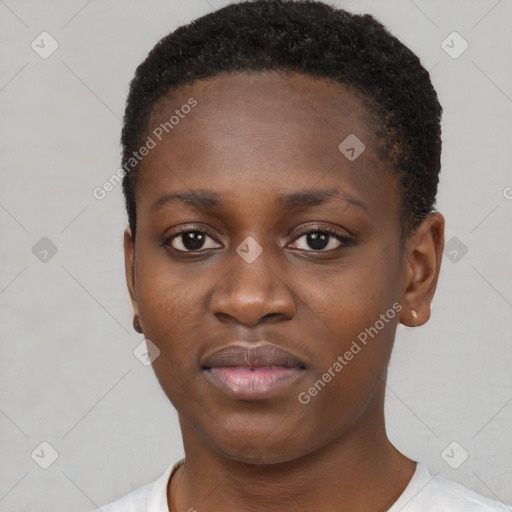 Neutral black young-adult female with short  brown hair and brown eyes