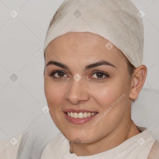 Joyful white young-adult female with short  brown hair and brown eyes