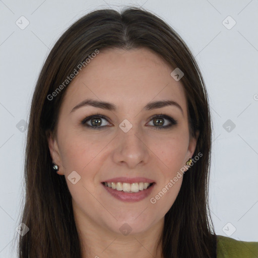 Joyful white young-adult female with long  brown hair and brown eyes