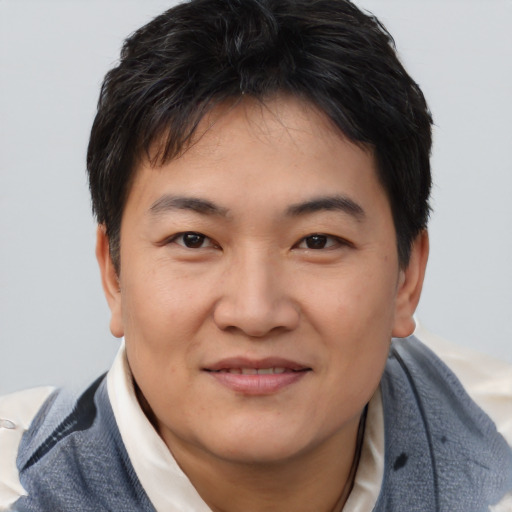 Joyful asian young-adult male with short  brown hair and brown eyes