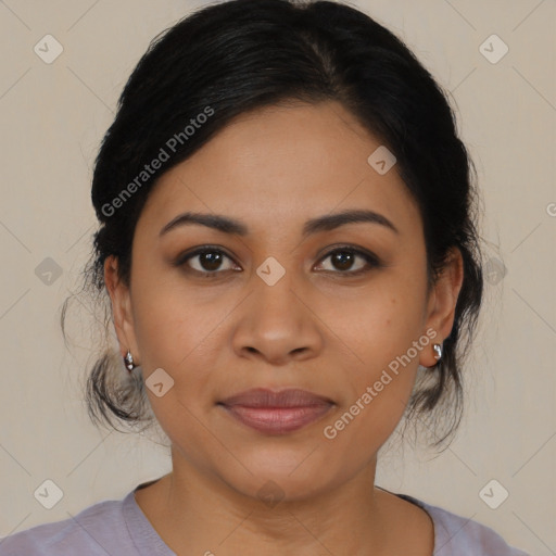 Joyful latino young-adult female with medium  black hair and brown eyes