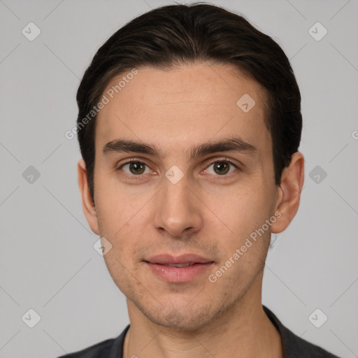 Joyful white young-adult male with short  brown hair and brown eyes