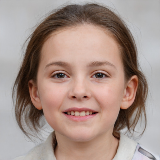 Joyful white child female with medium  brown hair and blue eyes