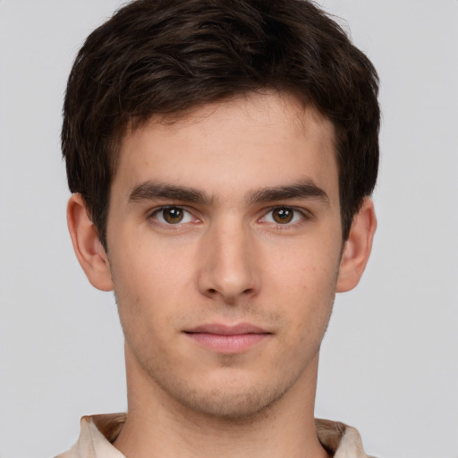 Neutral white young-adult male with short  brown hair and brown eyes