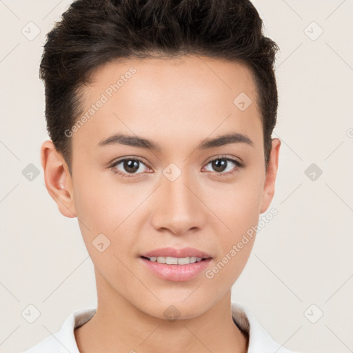 Joyful white young-adult female with short  brown hair and brown eyes