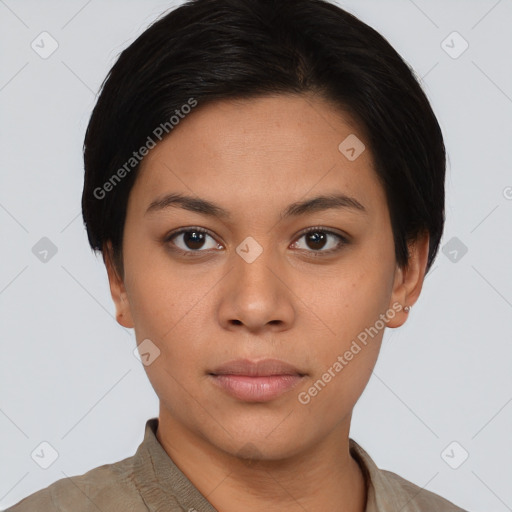 Neutral asian young-adult female with short  black hair and brown eyes