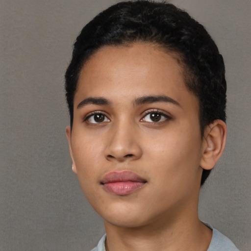 Neutral latino young-adult female with short  black hair and brown eyes