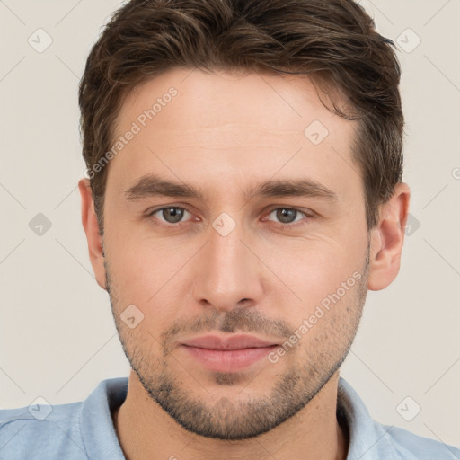 Neutral white young-adult male with short  brown hair and brown eyes