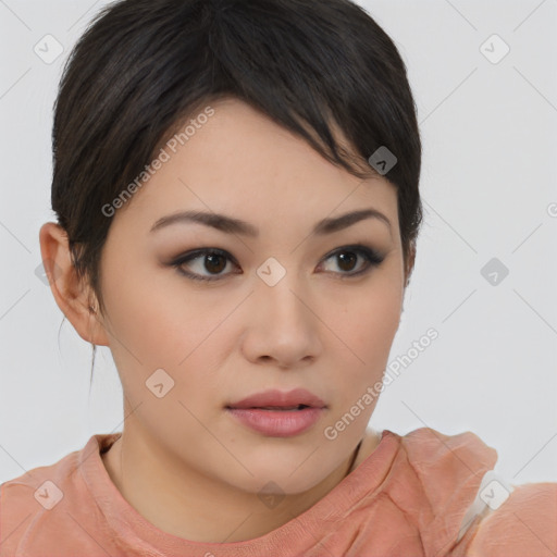 Neutral asian young-adult female with medium  brown hair and brown eyes