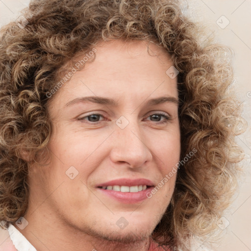 Joyful white young-adult female with medium  brown hair and green eyes