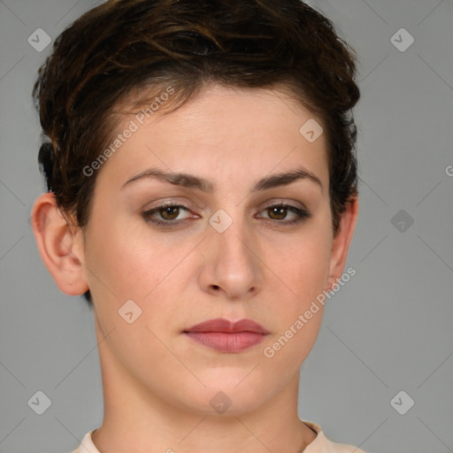 Neutral white young-adult female with short  brown hair and brown eyes