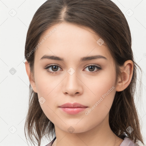 Neutral white young-adult female with medium  brown hair and brown eyes