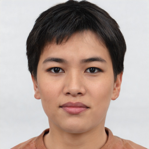 Neutral asian young-adult female with short  black hair and brown eyes
