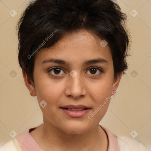 Joyful white child female with short  brown hair and brown eyes