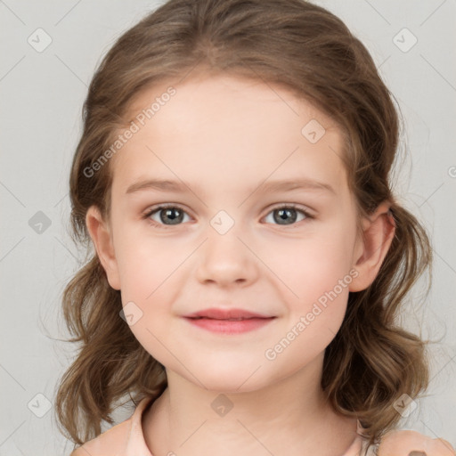 Joyful white child female with medium  brown hair and grey eyes