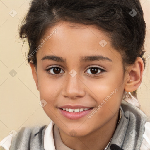 Joyful white child female with short  brown hair and brown eyes