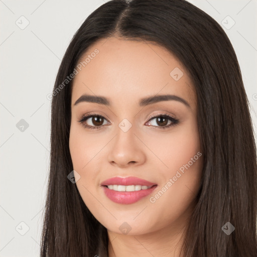 Joyful white young-adult female with long  black hair and brown eyes