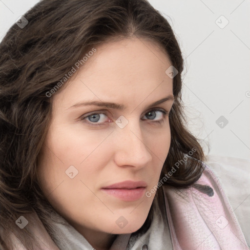 Neutral white young-adult female with long  brown hair and grey eyes