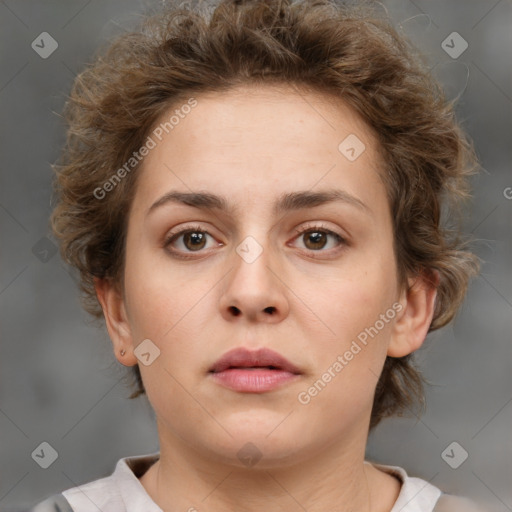 Neutral white young-adult female with short  brown hair and brown eyes