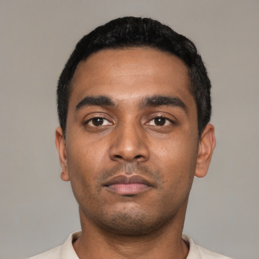 Neutral latino young-adult male with short  black hair and brown eyes
