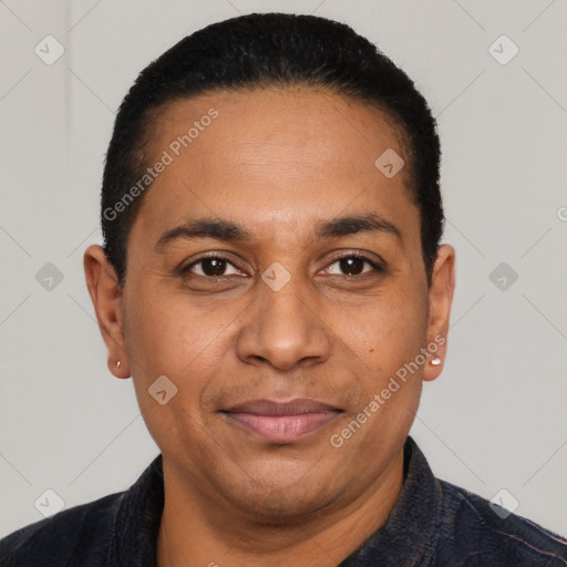 Joyful latino young-adult male with short  black hair and brown eyes