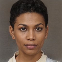 Neutral black young-adult female with short  brown hair and brown eyes