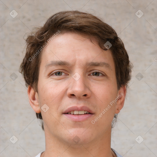 Neutral white young-adult male with short  brown hair and grey eyes