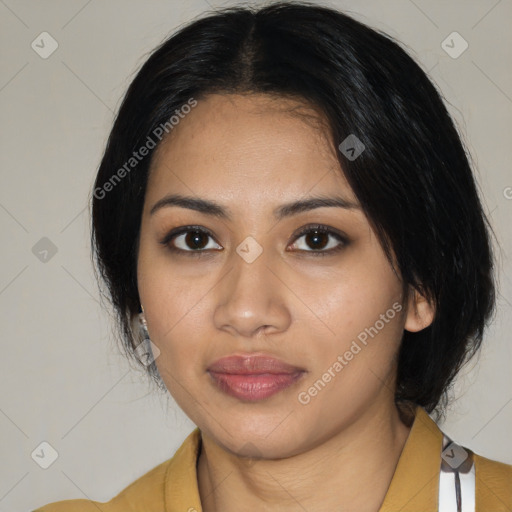 Neutral asian young-adult female with medium  black hair and brown eyes