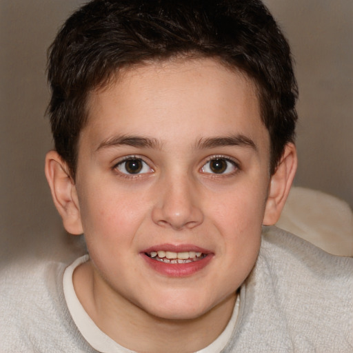 Joyful white child female with short  brown hair and brown eyes