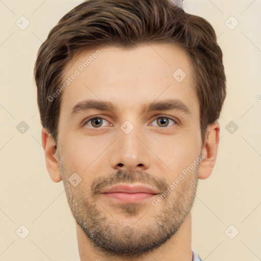 Neutral white young-adult male with short  brown hair and brown eyes