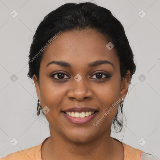 Joyful latino young-adult female with short  black hair and brown eyes