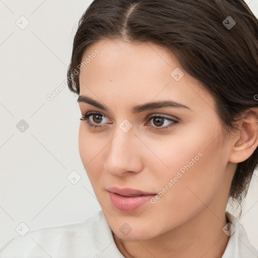 Neutral white young-adult female with medium  brown hair and brown eyes