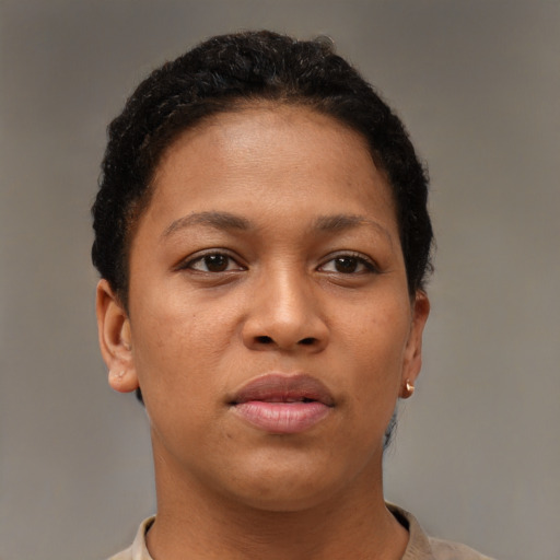 Neutral latino young-adult female with short  brown hair and brown eyes