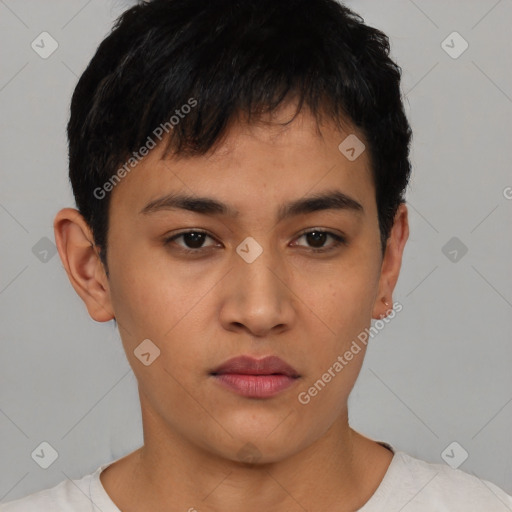 Neutral asian young-adult male with short  black hair and brown eyes