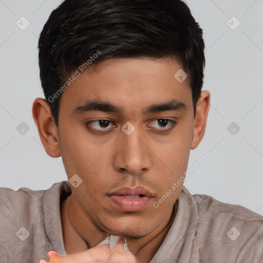 Neutral asian young-adult male with short  brown hair and brown eyes