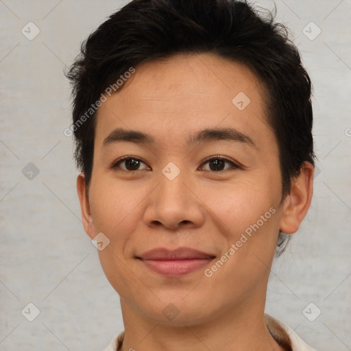 Joyful asian young-adult female with short  brown hair and brown eyes