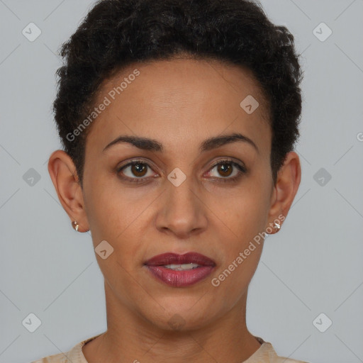 Joyful black young-adult female with short  brown hair and brown eyes