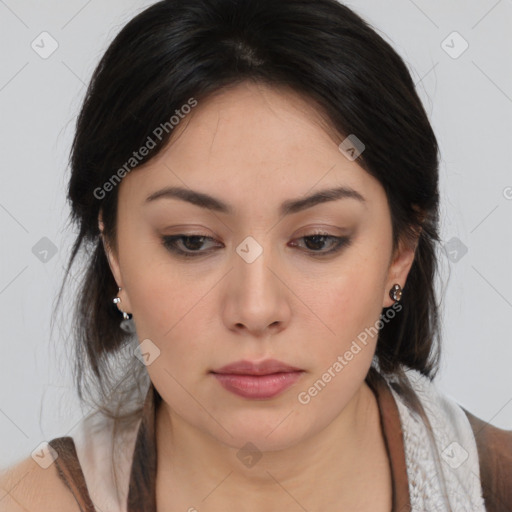 Neutral asian young-adult female with medium  brown hair and brown eyes