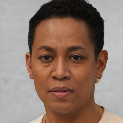 Joyful black young-adult female with short  brown hair and brown eyes