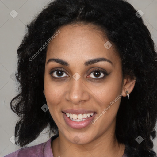 Joyful latino young-adult female with long  black hair and brown eyes