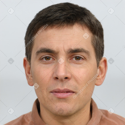 Neutral white adult male with short  brown hair and brown eyes